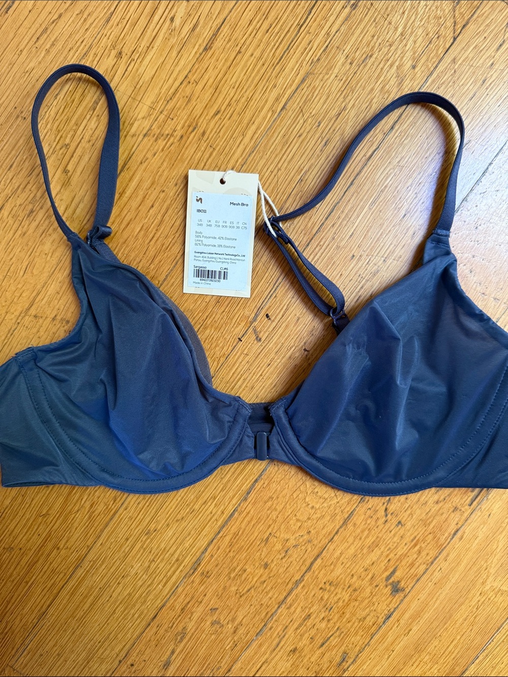 Front-Closure Navy Mesh Underwire Bra with Adjustable Straps